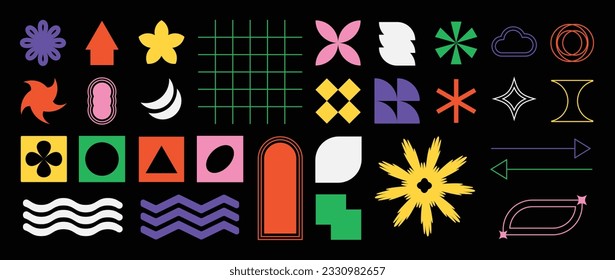 Set of abstract retro geometric shapes vector. Collection of contemporary figure, sparkle, circle, line in 70s groovy style. Bauhaus Memphis design element perfect for banner, prints, stickers, decor.