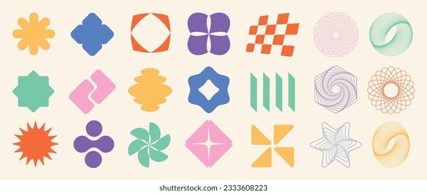 Set of abstract retro geometric shapes vector. Collection of contemporary figure, flower, sparkle, pixel in 70s groovy style. Bauhaus Memphis design element perfect for banner, print, stickers, decor.