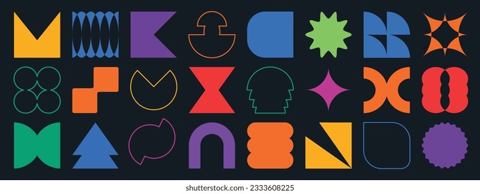 Set of abstract retro geometric shapes vector. Collection of contemporary figure, flower, sparkle, line in 70s groovy style. Bauhaus Memphis design element perfect for banner, print, stickers, decor.