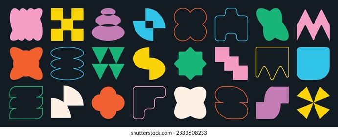 Set of abstract retro geometric shapes vector. Collection of contemporary figure, flower, sparkle, line in 70s groovy style. Bauhaus Memphis design element perfect for banner, print, stickers, decor.