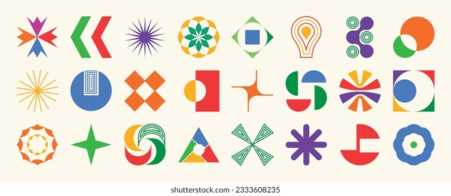 Set of abstract retro geometric shapes vector. Collection of contemporary figure, flower, sparkle, line in 70s groovy style. Bauhaus Memphis design element perfect for banner, print, stickers, decor.