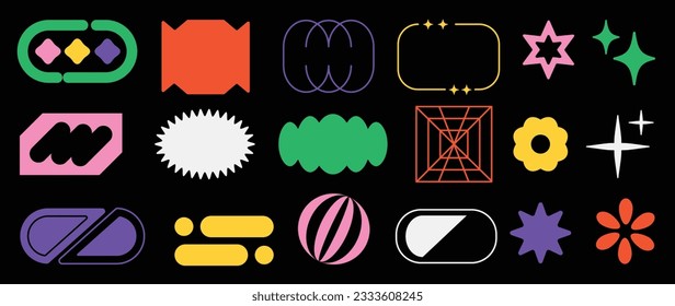 Set of abstract retro geometric shapes vector. Collection of contemporary figure, flower, sparkle in 70s groovy style. Bauhaus Memphis design element perfect for banner, print, stickers, decor.