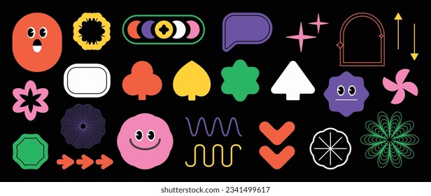 Set of abstract retro geometric shapes vector. Collection of contemporary figure, flower, speech bubble in 70s groovy style. Bauhaus Memphis design element perfect for banner, print, sticker, decor.