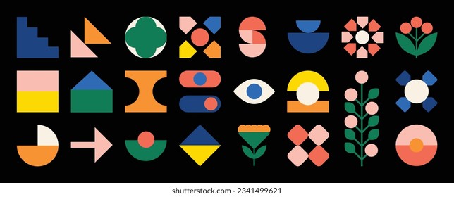 Set of abstract retro geometric shapes vector. Collection of contemporary figure, flower, arrow, eye in 70s groovy style. Bauhaus Memphis design element perfect for banner, print, sticker, decor.