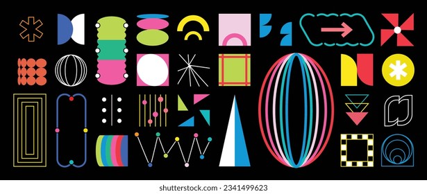 Set of abstract retro geometric shapes vector. Collection of contemporary figure, flower, arrow, line in 70s groovy style. Bauhaus Memphis design element perfect for banner, print, sticker, decor.