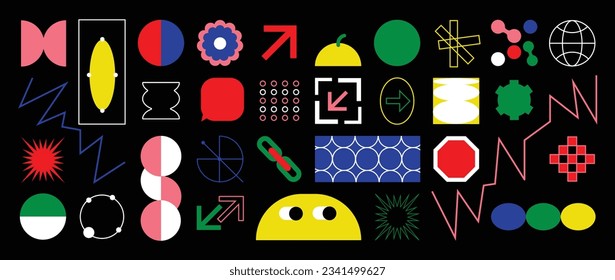 Conjunto de formas abstractas retro geométricas vectoriales. Colección de figuras contemporáneas, flor, fruta, flecha en estilo groovy de los años 70. Bauhaus Memphis es un elemento de diseño perfecto para banner, impresión, pegatina, decoración.