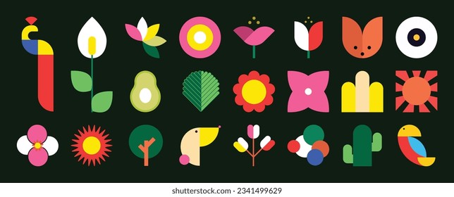 Set of abstract retro geometric shapes vector. Collection of contemporary figure, flower, avocado, tree in 70s groovy style. Bauhaus Memphis design element perfect for banner, print, sticker, decor.