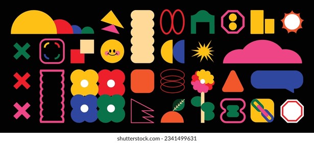 Set of abstract retro geometric shapes vector. Collection of contemporary figure, flower, speech bubble in 70s groovy style. Bauhaus Memphis design element perfect for banner, print, sticker, decor.