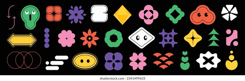 Set of abstract retro geometric shapes vector. Collection of contemporary figure, flower, arrow, face in 70s groovy style. Bauhaus Memphis design element perfect for banner, print, sticker, decor.