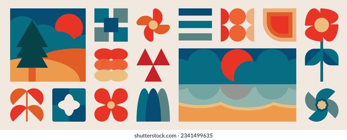 Set of abstract retro geometric shapes vector. Collection of contemporary figure, flower, view, sun in 70s groovy style. Bauhaus Memphis design element perfect for banner, print, sticker, decor.