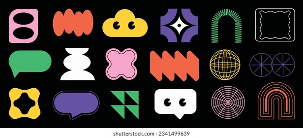 Set of abstract retro geometric shapes vector. Collection of contemporary figure, flower, speech bubble in 70s groovy style. Bauhaus Memphis design element perfect for banner, print, sticker, decor.