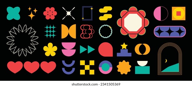 Set of abstract retro geometric shapes vector. Collection of contemporary figure, flower, circle in 70s groovy style. Bauhaus Memphis design element perfect for banner, prints, stickers, decor.