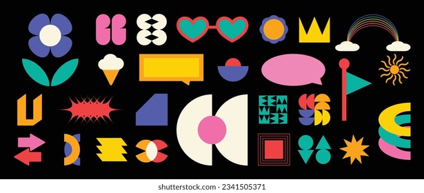 Set of abstract retro geometric shapes vector. Collection of contemporary figure, flower, circle in 70s groovy style. Bauhaus Memphis design element perfect for banner, prints, stickers, decor.