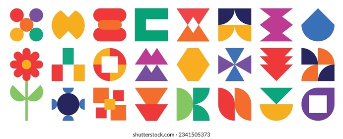 Set of abstract retro geometric shapes vector. Collection of contemporary figure, flower, circle, line in 70s groovy style. Bauhaus Memphis design element perfect for banner, prints, stickers, decor.