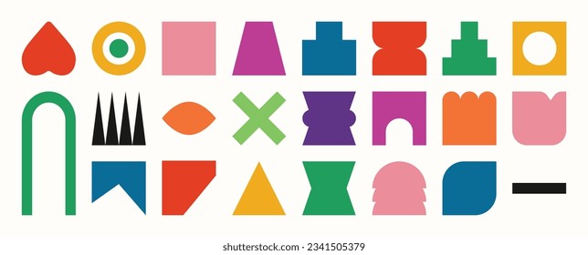 Conjunto de formas abstractas retro geométricas vectoriales. Colección de figuras contemporáneas, corazón, círculo, cuadrado en estilo groovy de los años 70. Bauhaus Memphis es un diseño perfecto para banner, impresiones, pegatinas, decoración.