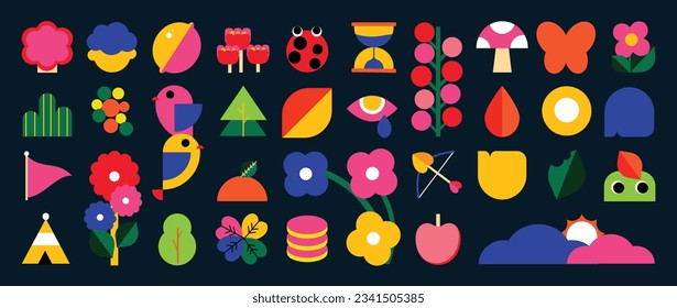 Set of abstract retro geometric shapes vector. Collection of contemporary figure, flower, tree, bird in 70s groovy style. Bauhaus Memphis design element perfect for banner, prints, stickers, decor.