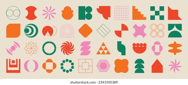 Set of abstract retro geometric shapes vector. Collection of contemporary figure, flower, circle in 70s groovy style. Bauhaus Memphis design element perfect for banner, prints, stickers, decor.