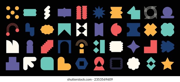 Set of abstract retro geometric shapes vector. Collection of contemporary figure, flower, arrow, sparkle in 70s groovy style. Bauhaus Memphis design element perfect for banner, print, stickers, decor.