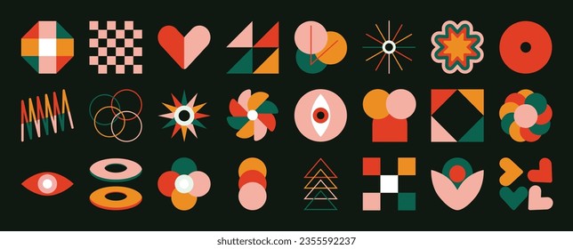 Set of abstract retro geometric shapes vector. Collection of contemporary figure, flower, heart, sparkle in 70s groovy style. Bauhaus Memphis design element perfect for banner, print, stickers, decor.