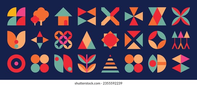 Set of abstract retro geometric shapes vector. Collection of contemporary figure, flower, tree, home in 70s groovy style. Bauhaus Memphis design element perfect for banner, print, stickers, decor.