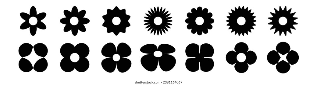 Set of abstract retro geometric shapes vector. Collection of contemporary figures, stars, flowers, sparkle, circle in 70s groovy style. Y2K Geometric design element shapes. Bauhaus Memphis design