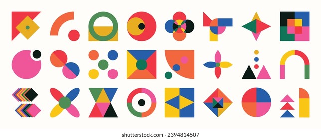 Conjunto de formas abstractas retro geométricas vectoriales. Colección de figuras contemporáneas, flores, estrellas, brillantes en estilo groovy de los años 70. Bauhaus Memphis es un diseño perfecto para banner, imprimir, pegatinas, decorar.