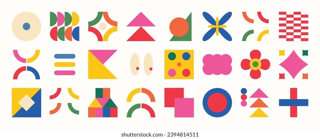 Set of abstract retro geometric shapes vector. Collection of contemporary figure, flower, star, sparkle in 70s groovy style. Bauhaus Memphis design element perfect for banner, print, stickers, decor.