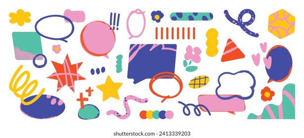 Set of abstract retro geometric shapes vector. Collection of contemporary figure, speech bubble, star, flower in funky groovy style. Bauhaus Memphis design element perfect for banner, print, sticker.