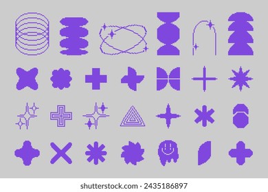 Set of abstract retro geometric shapes pixel art.8-bit, brutal contemporary figure star oval flower and other primitive elements.Vibrant colors monochrome style . Vector illustration EPS 10