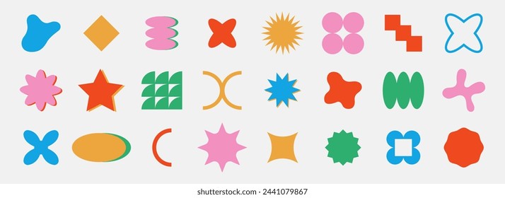 Set of abstract retro geometric shapes vector. Collection of contemporary figure, sparkle, flower in 70s groovy style. Bauhaus Memphis design element perfect for banner, prints, stickers, decor