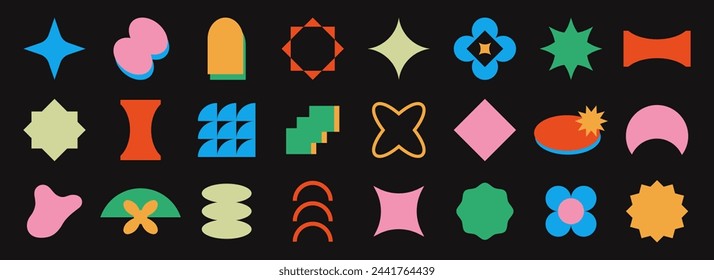 Set of abstract retro geometric shapes vector. Collection of contemporary figure, sparkle, flower in 70s groovy style. Bauhaus Memphis design element perfect for banner, prints, stickers, decor