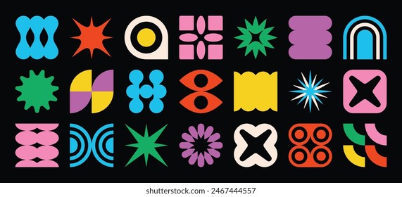 Set of abstract retro geometric shapes vector. Collection of contemporary figure, sparkle, flower in 70s groovy style. Bauhaus Memphis design element perfect for banner, prints, stickers, decor