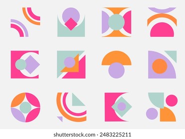 Set of abstract retro geometric shapes in flat cartoon design. A set of dynamic illustrations with abstract geometric shapes designed in a modern style. Vector illustration.