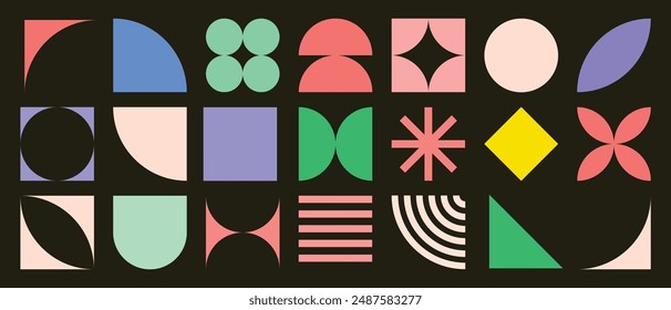 Set of abstract retro geometric shapes vector. Collection of contemporary figure, circle, square in 70s groovy style. Bauhaus Memphis design element perfect for banner, print, sticker, decor.