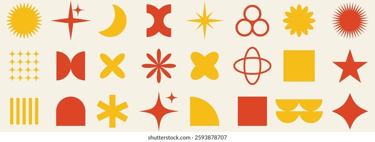 Set of abstract retro geometric shapes vector. Collection of contemporary figure, sparkle, circle, line in 70s groovy style. Bauhaus Memphis design element perfect for banner, prints, stickers, decor.