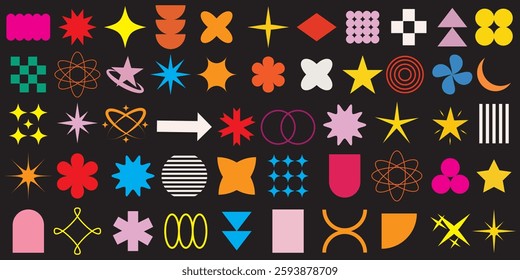 Set of abstract retro geometric shapes vector. Collection of contemporary figure, sparkle, circle, line in 70s groovy style. Bauhaus Memphis design element perfect for banner, prints, stickers, decor.