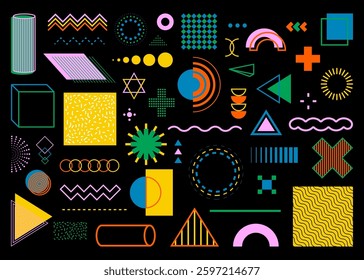 Set of abstract retro geometric shapes. Collection of contemporary figures in 70s groovy style. Brutalist bauhaus contemporary. Vector illustration.