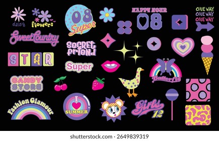 Conjunto de Formas geométricas abstractas retro Vector. Colección de corazón contemporáneo, pato, boca, línea en estilo groovy de los años 70. Elemento de diseño Bauhaus Memphis perfecto para Anuncio, impresión, pegatina