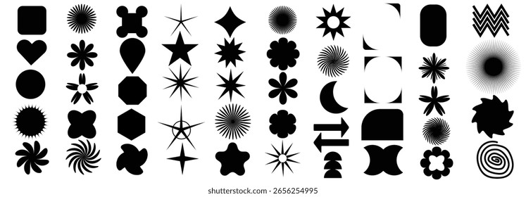 Set of abstract retro geometric shapes vector. Collection of contemporary figure, sparkle, circle, line in 70s groovy style. Bauhaus Memphis design element perfect for banner, prints, stickers, EPS 10