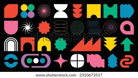 Set of abstract retro geometric shapes vector. Collection of contemporary figure, flower, doodle, square in 70s groovy style. Bauhaus Memphis design element perfect for banner, print, stickers, decor.
