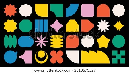 Set of abstract retro geometric shapes vector. Collection of contemporary figure, flower, pixel, square in 70s groovy style. Bauhaus Memphis design element perfect for banner, prints, stickers, decor.