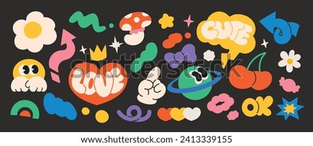 Set of abstract retro geometric shapes vector. Collection of contemporary figure, heart, saturn, speech bubble in funky groovy style. Bauhaus Memphis design element perfect for banner, print, sticker.