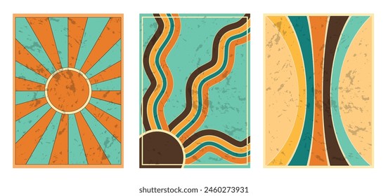 Set of Abstract Retro Groovy Backgrounds, Colorful, Grunge Texture Vintage Art, 70s, 60s, Cartoon Poster, Vector Illustration