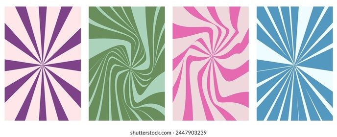 Set of Abstract Retro Groovy Hippie 70s backgrounds. Waves, Swirl, Twirl pattern with line. Twisted and distorted vector texture in Trendy Vintage Psychedelic style. Y2K funky Vector aesthetic. 