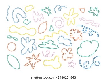 Set of abstract retro line shapes. Geometric shapes. Sticker set. Bubble, star, flower, loop, cloud, leaf, curve line, infinity sign, wavy  lines. Groovy style. Vector isolated on white background
