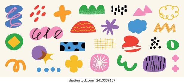 Set of abstract retro organic shapes vector. Collection of contemporary figure, cloud, flower, sparkle, mountain in funky groovy style. Cute hippie design element perfect for banner, print, stickers.