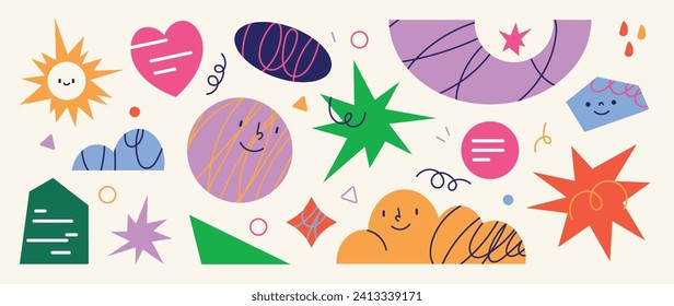 Set of abstract retro organic shapes vector. Collection of contemporary figure, heart, circle, sparkle, cloud in funky groovy style. Cute hippie design element perfect for banner, print, stickers.