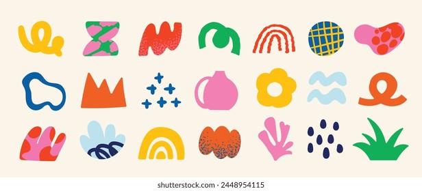 Set of abstract retro organic shapes vector. Collection of contemporary figure, flower, leaf, vase, mountain in funky groovy style. Cute hippie design element perfect for banner, print, stickers.