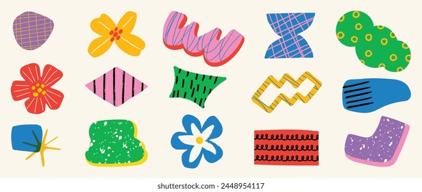 Set of abstract retro organic shapes vector. Collection of contemporary figure, flower, leaf, mountain in funky groovy style. Cute hippie design element perfect for banner, print, stickers.