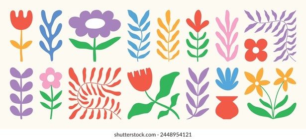 Set of abstract retro organic shapes vector. Collection of contemporary figure, flower, foliage in funky groovy style. Cute hippie design element perfect for banner, print, stickers.